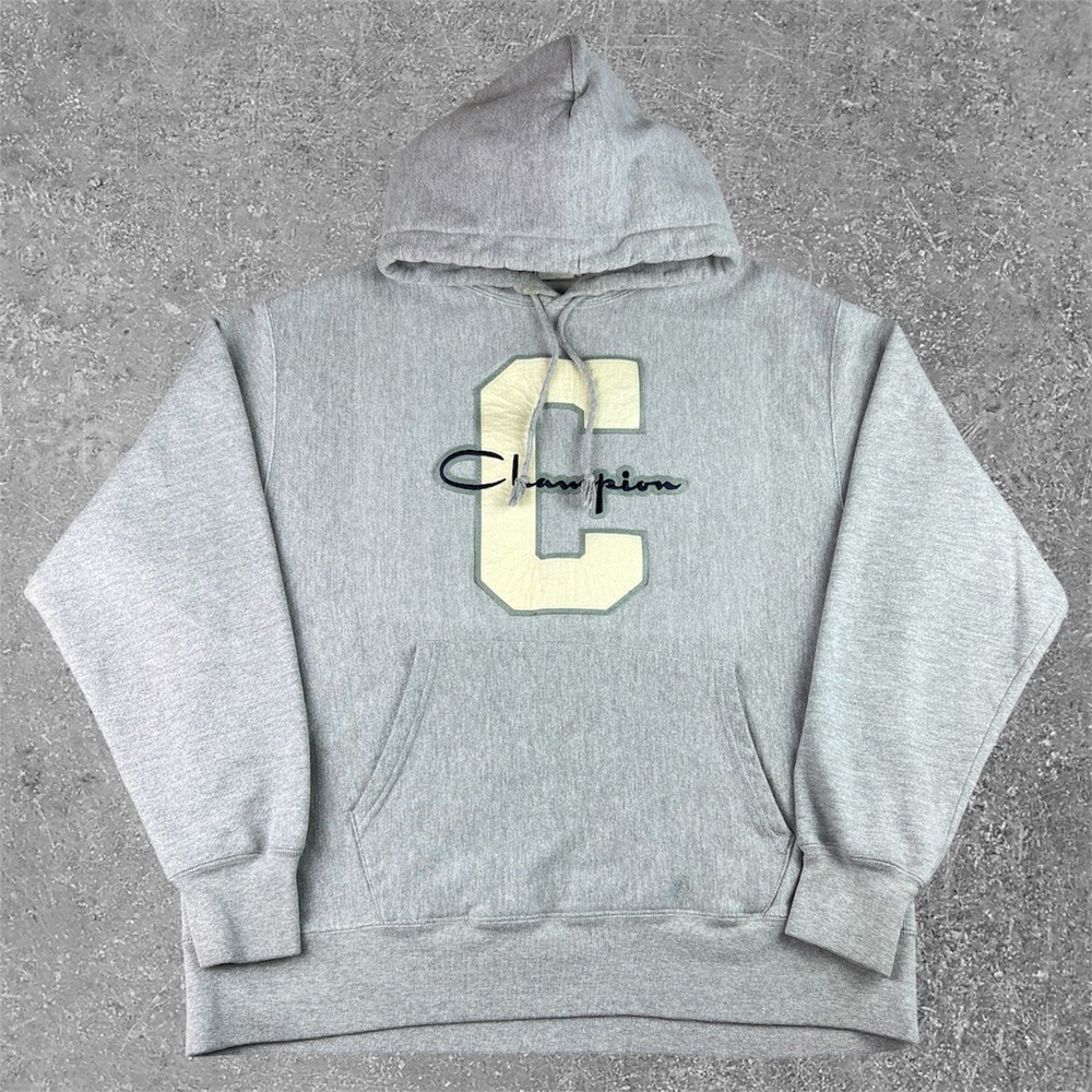 Champion Reverse Weave Hoodie Mens XL Grey Chenille Logo Pullover Sweatshirt Y2K